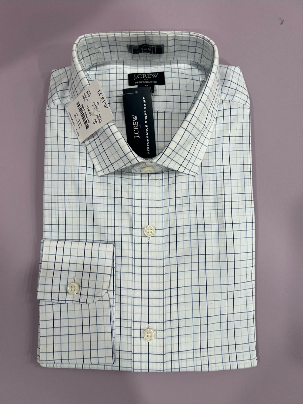 J.Crew Men's White Blue Windowpane Performance Dress Shirt NWT